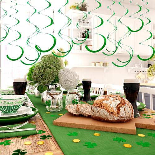 Image of Green Ceiling Swirl Foil Decorations Hanging Plastic Streamer Themed Swirl Party for St. Patrick's Day Spring Summer Celebration Party Supplies, Pack of 28