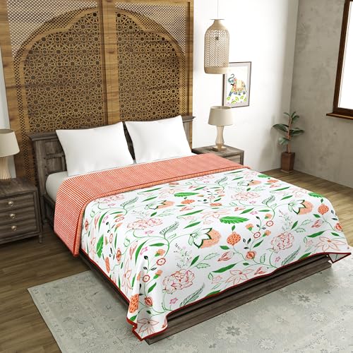 Image of BLOCKS OF INDIA 100% Cotton Dohar King Size Reversible Hand Block Printed Malmal Summer Dohar /Blanket (Orange Anar JAAL)