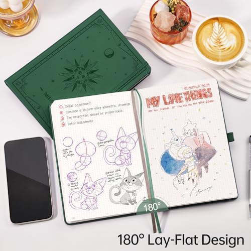 Image of EMSHOI Dotted Journal Notebook, 192 Pages, A5 Size (5.7'' x 8.3'') | Leather Hardcover, 100 GSM Thick Paper, for Journaling, Planning, Tracking & Sketching, Sun Debossed (Dark green)