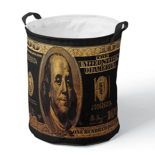 Reateforin Black Gold 100 Dollar Bills Large Laundry Basket for Mens Waterproof Freestanding Laundry Hamper for Laundry Cool Collapsible Tall Clothes Hamper with Handles for Clothes Toys 19.7