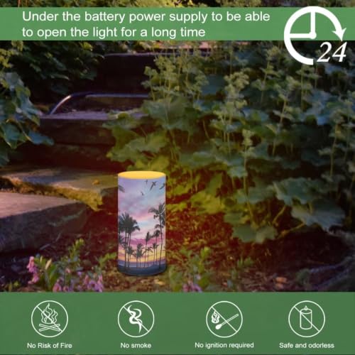 Image of Poceacles Flameless Light Candles Battery Operated Candles with Color Changing Timer Remote Control Tealights for Home Beach Dinner Party Banquet Decor, Beach Palm Tree Sunset Pattern Violet Blue