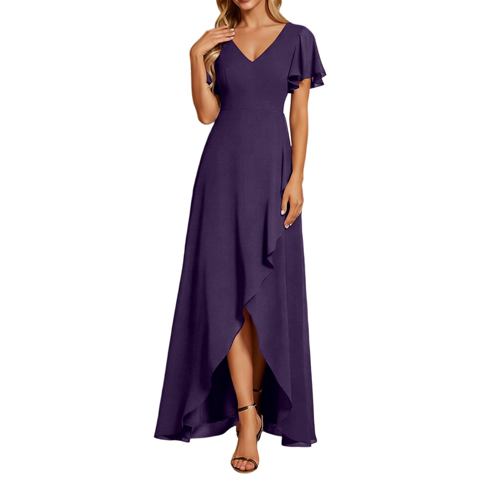 Abito da sera da donna, elegante, in chiffon, con doppio collo
