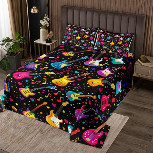 Manfei Guitar Bedspread Queen Size, Watercolor Musical Notes Stars Hearts Coverlet Set 3pcs, Music Theme Quilted Coverlet with 2 Pillowcases, Kids Boys Girls Room Decor, Soft Bedding Quilt