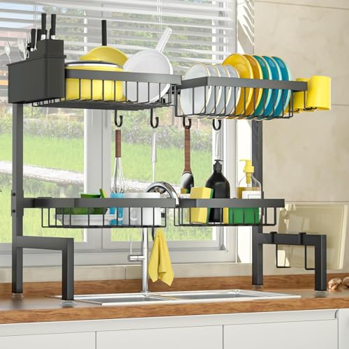 Image of Allkartz 4 Baskets - 2 Tier Over The Sink Dish Drying Rack Adjustable Kitchen Organizer Rack, Kitchen Rack Stand with Dish Drainer, Utensil Holder, Knife Holder, Cup Holder & Cutting Board Stand