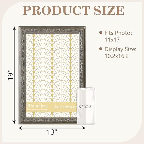 Image of VIOLABBEY 11x17 Picture Frame Sliver, Vintage Photo Frames Ornate without Mat for Wall Hanging
