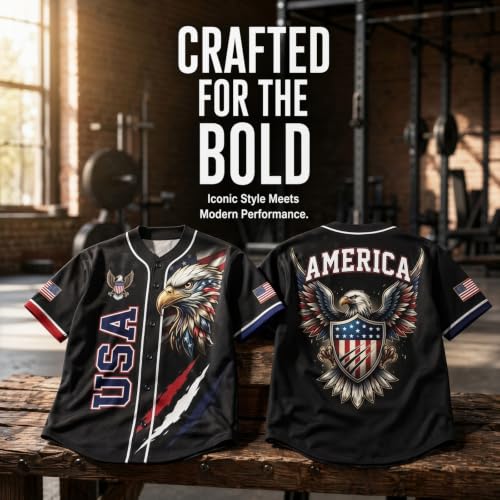 USA Eagle All Over Print Baseball Jersey, 1776‑2026 American Flag Patriotic Baseball Jerseys for Men USA Eagle Outfits(Black,XXXL)