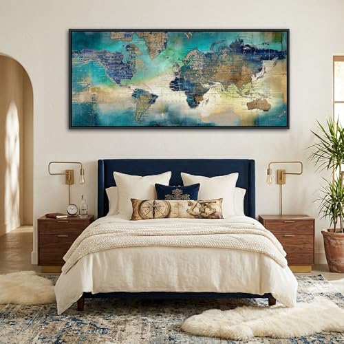 Image of Large World Map Canvas Prints Wall Art for Living Room Office Green World Map Picture Artwork Decor for Home Decoration Black Framed Wall Art