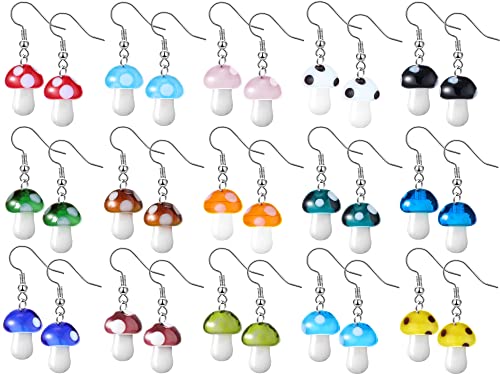 Zhehao 15 Pairs Earrings for Girls Mushroom Earring Cute Fun Glass Mushroom Charm Weird Jewelry for Women Teen Funny Jewelry Set