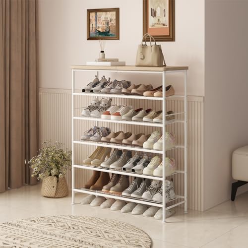 Image of SUOERNUO Shoe Rack Organizer 6 Tier for Closet Entryway Free Standing Metal Storage Shoe Shelf with MDF Top Board,White+Oak