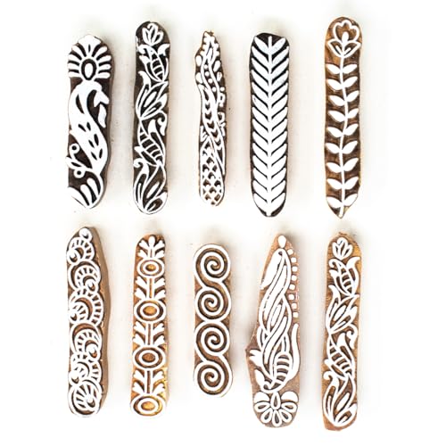 Image of Hashcart Wooden Indian Traditional Design Printing Stamps / Blocks for Printing Saree Border / Dresses / Craft Card Making / Scrapbook / Clay Pottery (Set of 10)