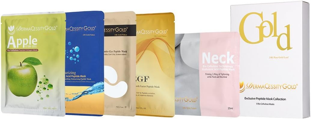 EXCLUSIVE 24K GOLD PEPTIDE MASK COLLECTION | 5 BIO-CELLULOSE MASKS | MOISTURIZING HA, APPLE STEM CELL, EPIDERMAL GROWTH FACTOR, UNDER-EYE, FIRMING NECK & DECOLLETE | LUXURY, EFFECTIVE by DermaCessity Gold!