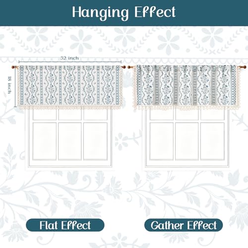 Image of Yinhua Boho Valance Curtains Vintage Linen Kitchen Valances for Windows Light Filtering Bohemian Floral Valance Rod Pocket Tassel Window Valances for Bathroom Cafe, 52 inch W X 18 inch L, White Blue