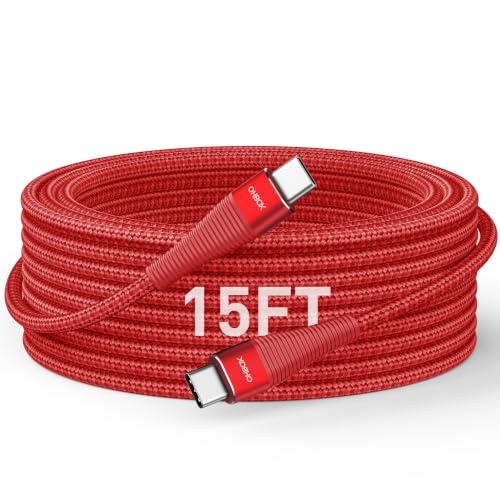 Image of Extra Long USB C to USB C Cable 15FT 100W, USBC Charger Fast Charging Cord Braided, Type C Cable for iPhone 17 Pro Max, 16 15, iPad Pro /Air /Mini, MacBook, Samsung Phones, Tablets & Laptops - Red