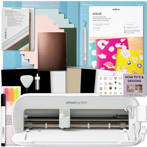 Cricut Joy Xtra Machine with Printable Sticker Paper and Card Kit Bundle - Sticker Making Set with Cutting Machine, DIY Greeting Cards with Pens and Envelopes, Craft Cutting Mats, Tools and Materials