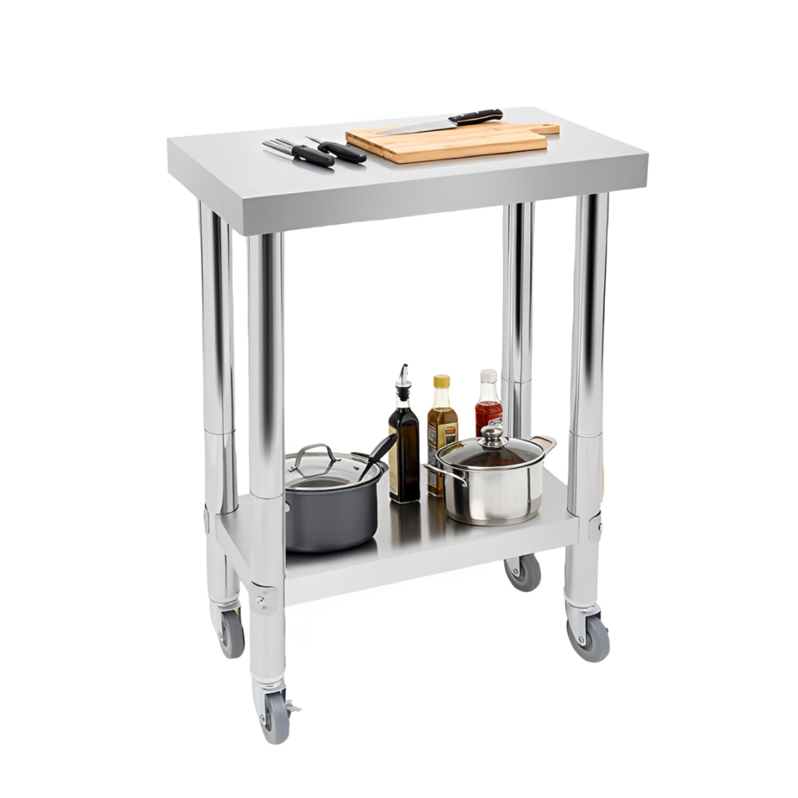 Mesa de trabajo de acero inoxidable, mesa de cocina con 4 ruedas, mesa de cocina con capacidad de carga 300 kg, mesa de servicio enrollable para cocina, bar y restaurante (60 x 45 x 85 cm)