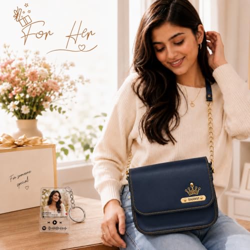 Image of SAVRI Personalized Rakhi Gift for Sister | Customized Leather Sling Bag with Name & Charm and Spotify Photo Keychain with Favourite Song, Personalised Gift Combo for Sister, Behan, Didi- Bro Sis Gift