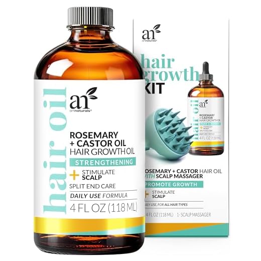 Artnaturals Organic Rosemary Castor Hair Oil + Massager Hair Growth Set Hair Growth Oil 4 ounces with Coconut & Olive Oil for Dry, Damaged & Split End