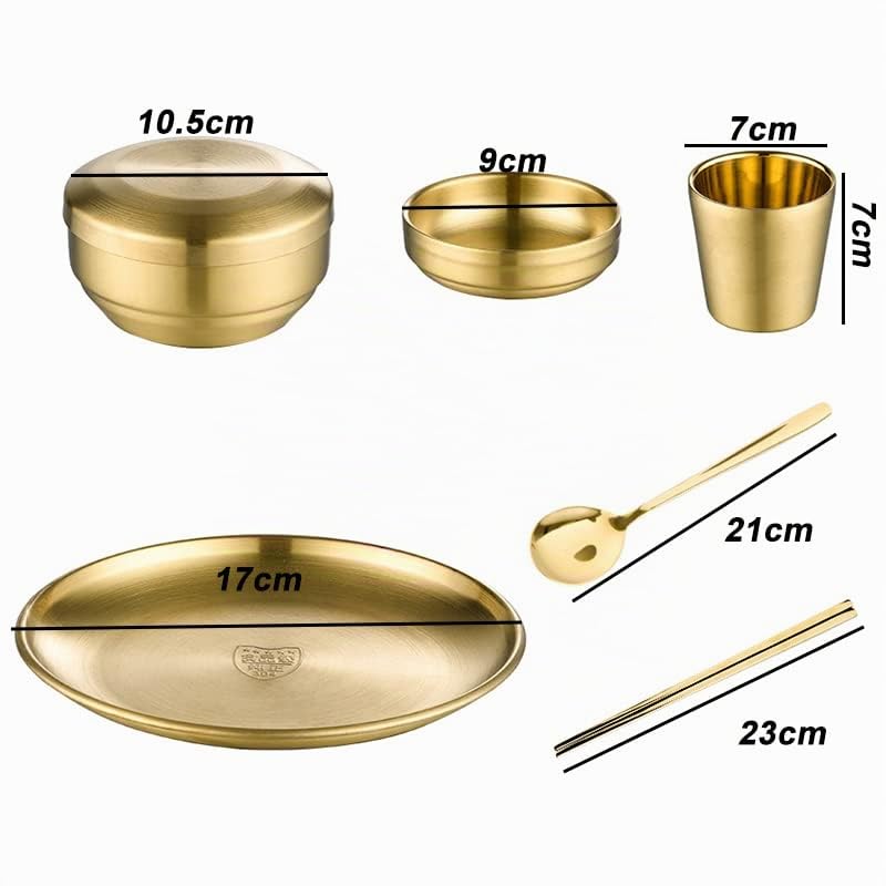 HUFFA 6 pièces en Acier Inoxydable coréen Vaisselle Ensemble Barbecue Restaurant Tasse cuillère Baguettes Assiette à dîner (Color : Gold)