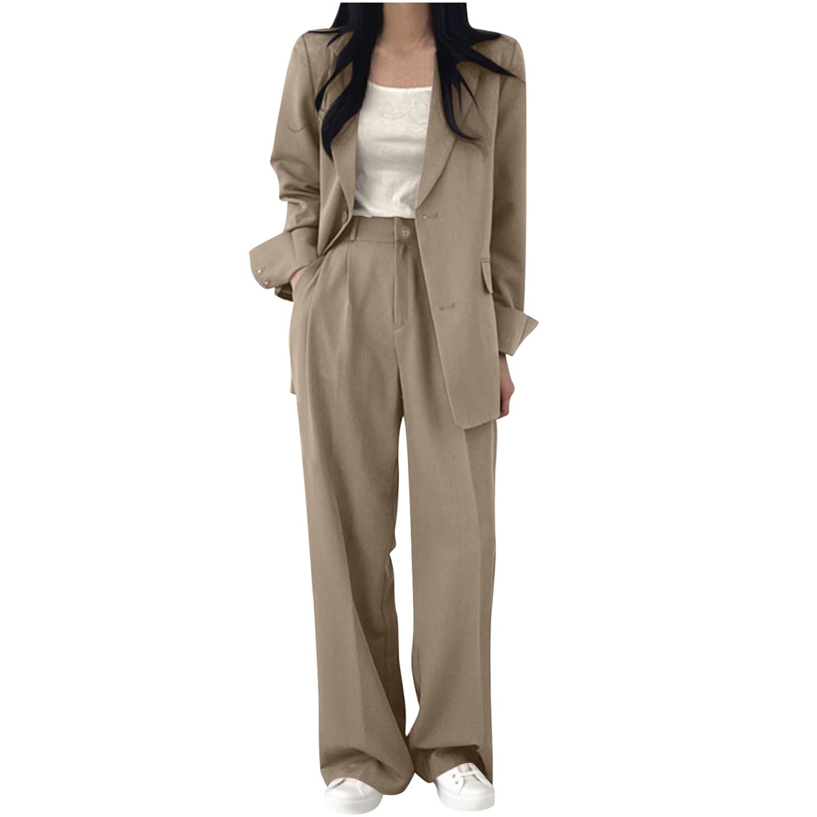 Women 2 Piece Suit Sets Dressy Long Sleeve Blazer Jacket Wide Leg Pants with Pockets Business Casual Office