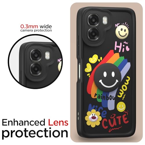 Image of Pikkme Back Cover for Oppo A6X 5G | Soft Silicone| Cute Rainbow Smile & 3D Cartoon Flower Design | Shockproof Raised Camera Protection Bumper Case (Black)