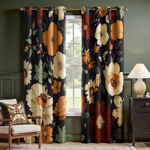 jinchan Lora Floral Curtains for Bedroom Blackout Drapes for Living Room Darkening Textured Fabric Vintage Flower Pattern Printed Window Curtains 84 Inches Length 2 Panels Set with Grommet Black