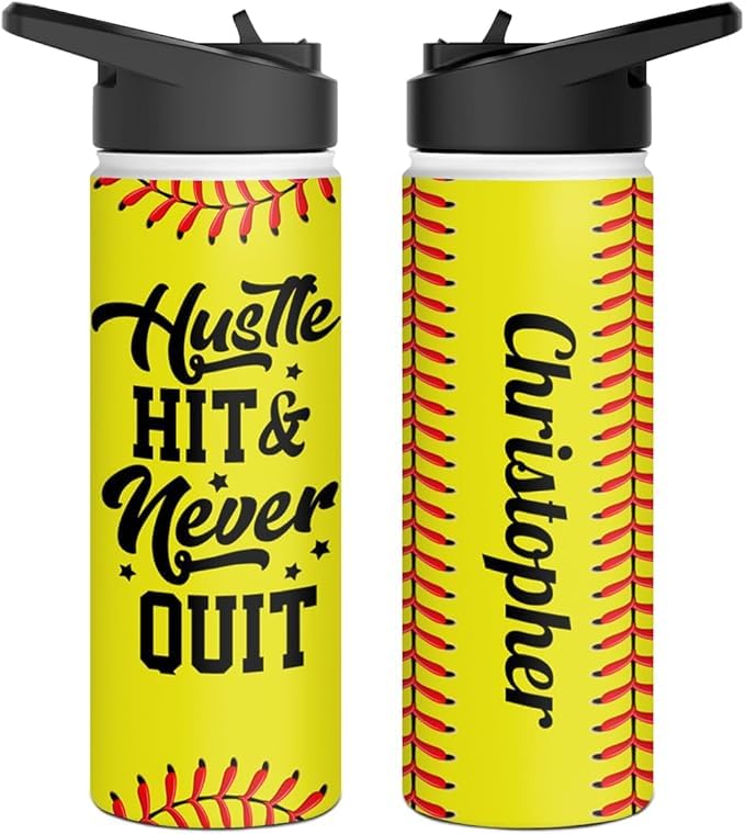 wowcugi Personalized Softball Water Bottle Hustle Hit Never Quit Sports Bottle Stainless Steel 12oz 18oz 32oz Insulated Gifts for Softball Players Fan
