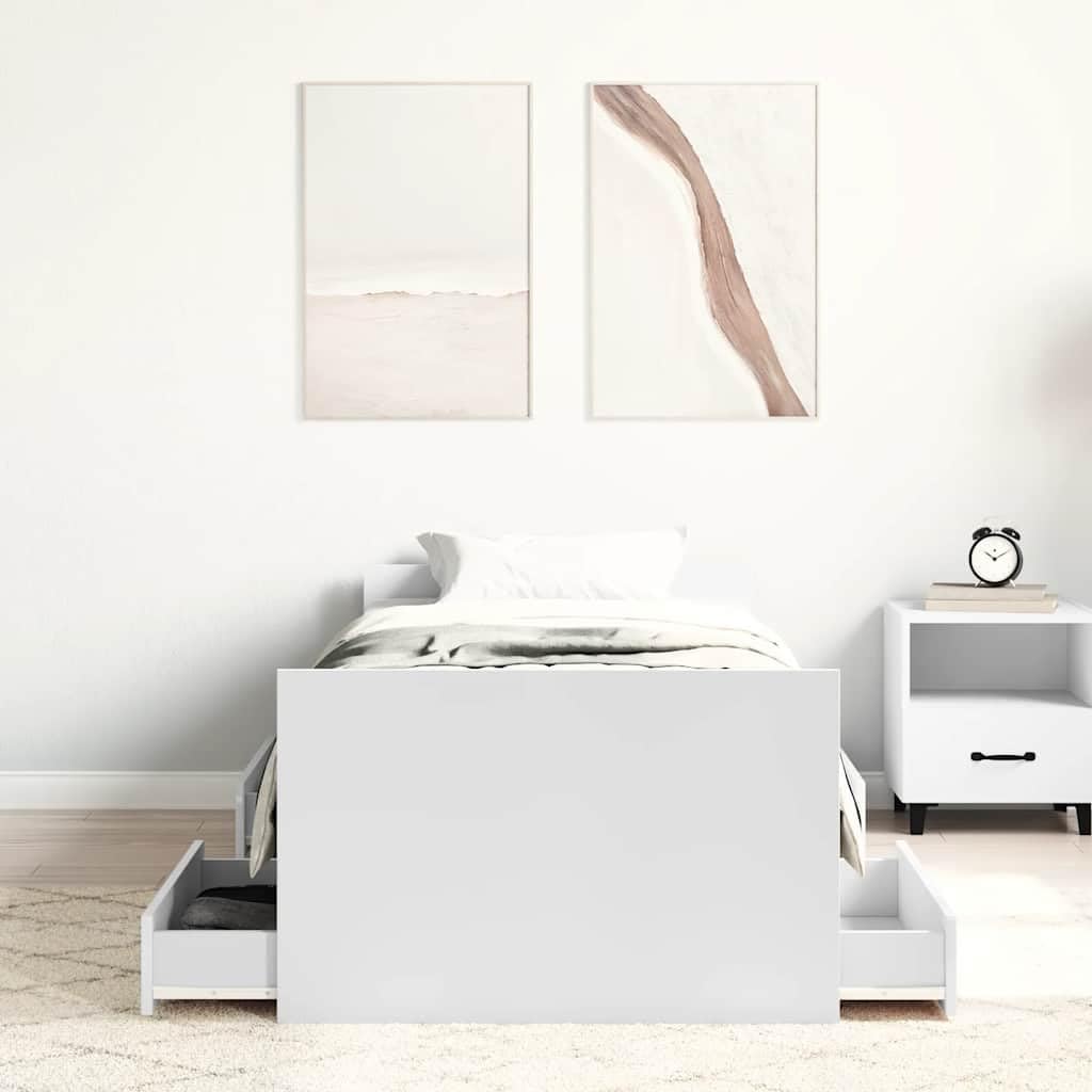 rama z szufladami z drewnopochodnej płyty biala 75x190 cm | Rama łóżka z wezgłowiem i zanóżkiem biała 75x190 cm z szufladami i półkami do przechowywania do sypialni, gościnna, stabilna