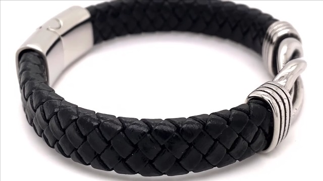 Bracelet Homme En Cuir Véritable Et Acier Inoxydable - Megamus - Noir