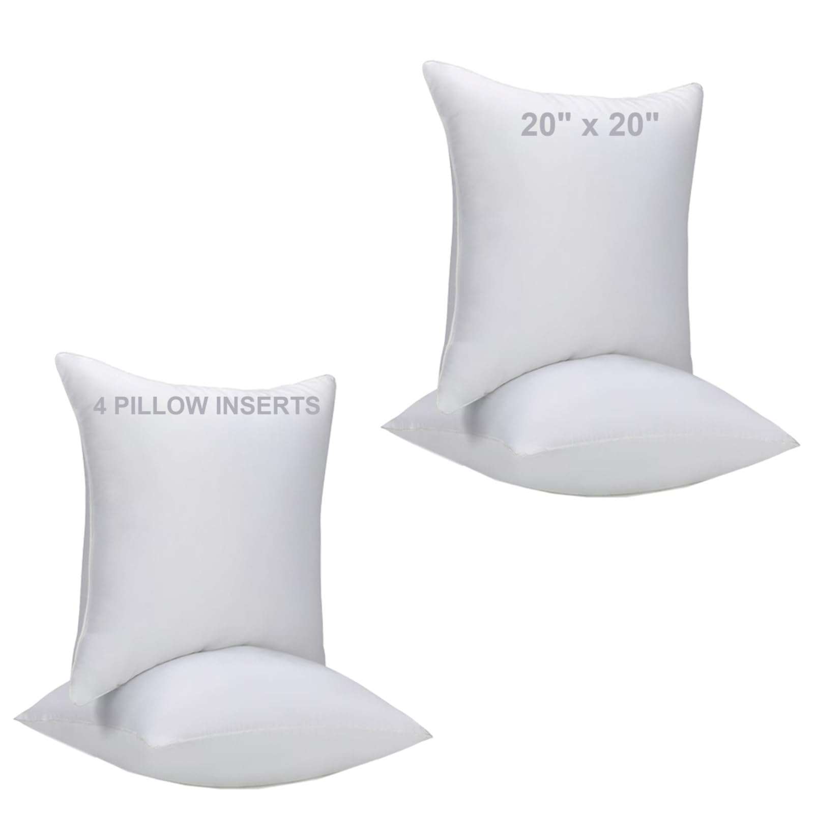 WINGLAM，Throw Pillow Inserts, Decorative Stuffer Pillows，Sham Stuffer，White, 2 Pack of 4，20x20 Inches, Hypoallergenic，Polyester,Ultra Soft，Lightweight Down Alternative,Square(4)