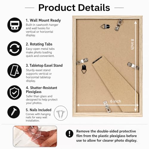 Image of JCJMY 6x8 Picture Frame for Wall Hanging or Tabletop, Wall Mounting Horizontally or Vertically, 6 x 8 Wall Gallery Poster Photo Frame with Shatter Resistant Plexiglass, Natural