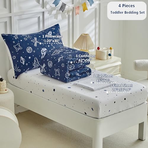 Image of DuShow Navy Blue Toddler Bedding Set for Boys,4 Pieces Space Crib Bed Sheets Set,Soft Toddler Comforter Set in a Bag, Includes Quilted Comforter, Flat Top Sheet, Fitted Sheet, Envelope Pillow Case