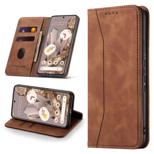 Leaisan Handyhülle für Google Pixel 8 Pro Hülle Premium Leder Flip Klappbare Stoßfeste Magnetische [Standfunktion] [Kartenfächern] Schutzhülle für Google Pixel 8 Pro Tasche - Braun