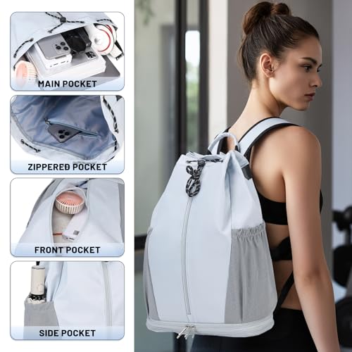 mygreen Gym Drawstring Backpack with Shoe Compartment – Waterproof Sports Bag, Lightweight & Breathable for Gym, Travel, Yoga | Large Capacity, Foldable Design Black3