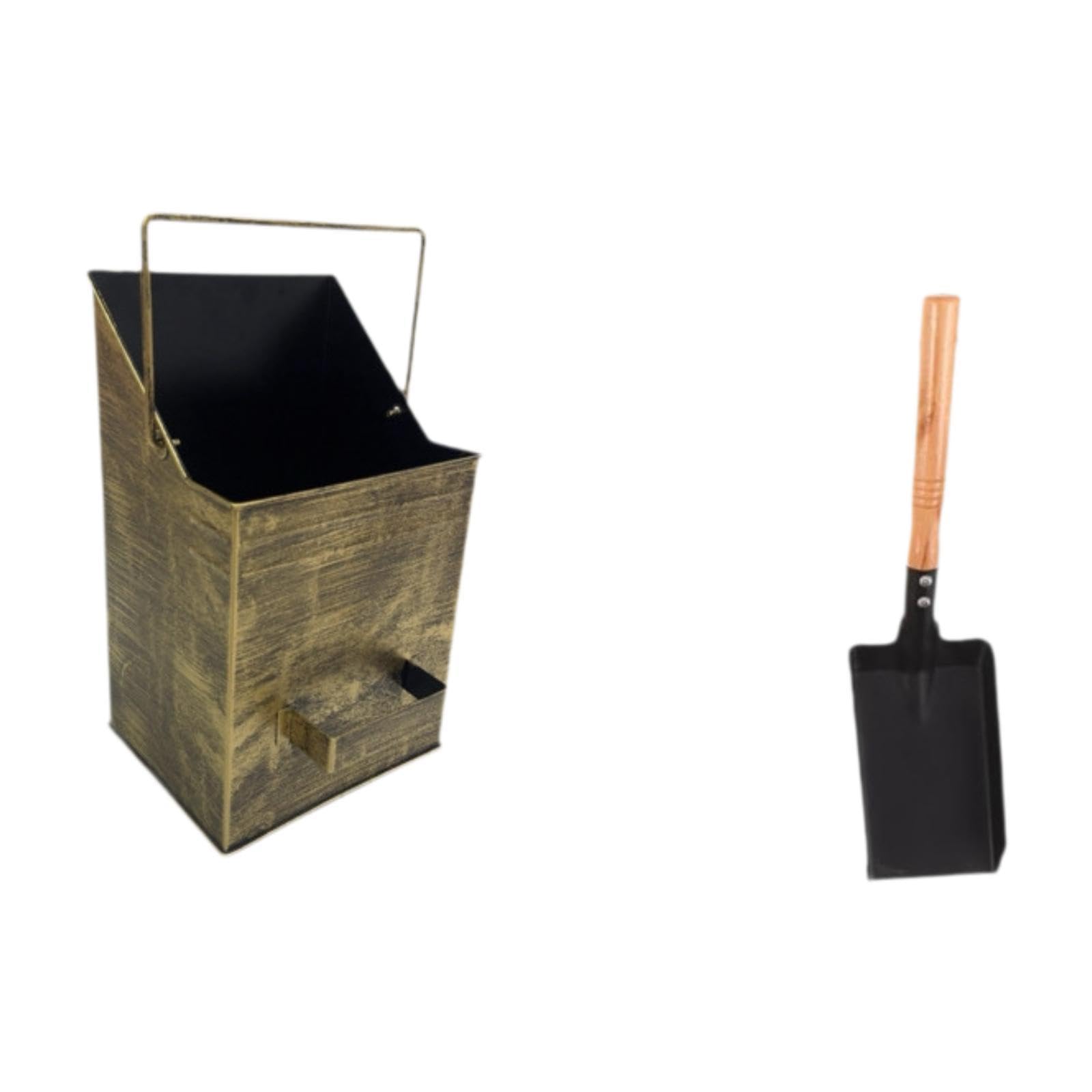 Cubo para Cenizas con Tapa para Horno, Contenedor de Cenizas, Hierro Robusto Y Resistente Al, Abertura Inclinada, Pala de Bronce, Individual