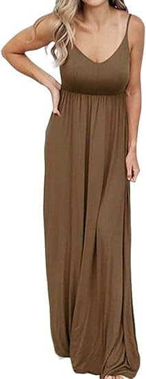 PRIMODA Women's Summer Casual Sleeveless V Neck Adjustable Spaghetti Strap Maxi Long Dress