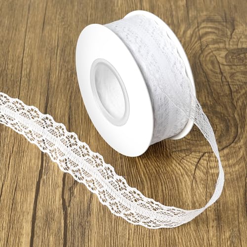 White Lace Ribbon Vintage Lace Trim Thin White Laces Decorative Ribbon 25 Yards 1.2 Inch for Sewing Trim and Embellishments DIY Crafts Gift Wrapping Flower Bouquet Hair Ribbons for Women Girl