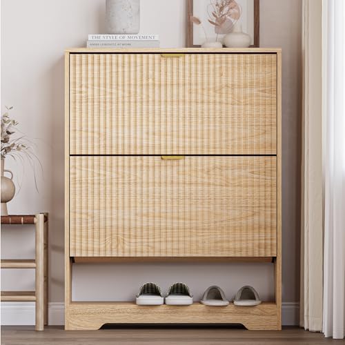 Image of BORNOON Shoe Cabinet with 2 Flip Drawers, Fluted Shoe Storage Cabinet with Adjustable Shelves, Freestanding Rack and Organizer for Entryway, Hallway