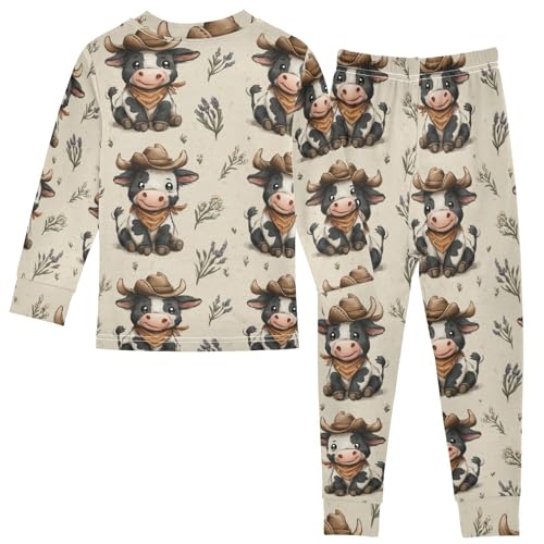Pajama Sets Long Sleeve Cow Wearing Cowboy Hat Pattern Soft Comfy Sleepwear 2 Piece PJS 3-8T3