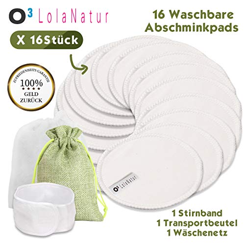 Preisvergleich Produktbild O³ Abschminkpads waschbar / / 16 wiederverwendbare Wattepads aus 100% Baumwolle / / Make-up Entferner Pads reusable cotton / / Beutel, Wäschenetz und Stirnband gratis