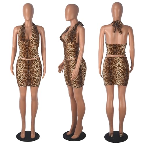 Image of PORRCEY Women Sexy Casual 2 Piece Leopard Cheetah Print Mini Dress