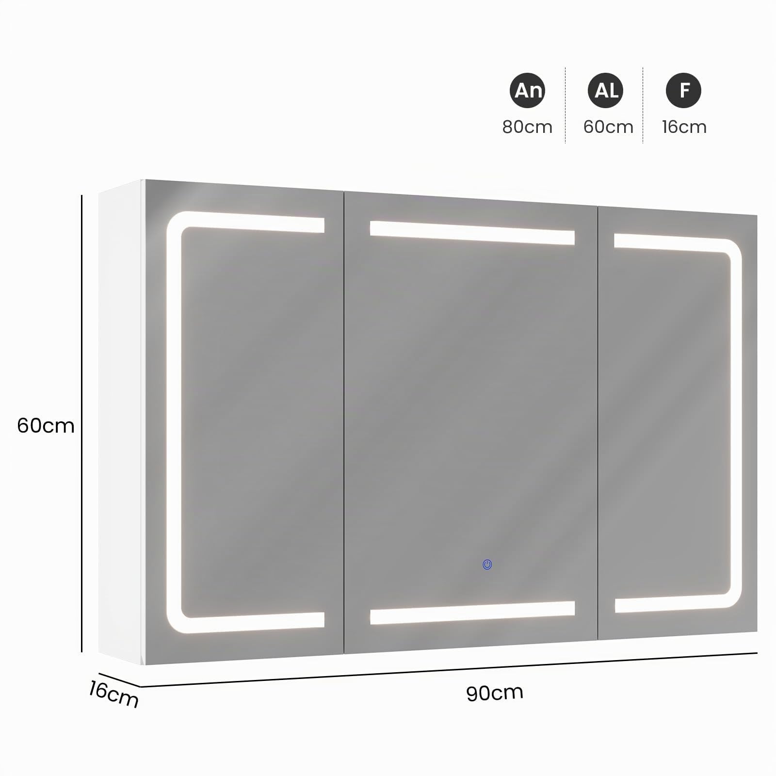 DICTAC Armario con Espejo,iluminación LED y Enchufe Armario Baño de Pared con 3 Puertas Espejo,Mueble Baño de Pared con Espejo y Estantes Ajustable,Mucho Espacio de Almacenamiento,90x60x16cm, Blanco