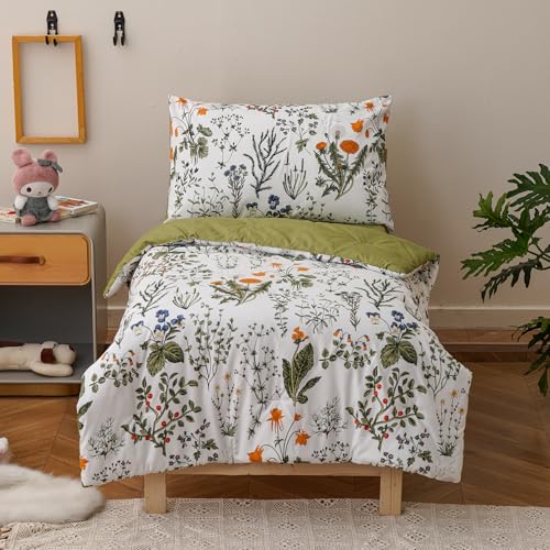 Image of Luxlovery Toddler Comforter Set Floral Botanical Kids Girls Green Leaves Bedding Set Bed Set for Dorm 4 Pieces (1 Comforter, 1 Flat Sheet, 1 Fitted Sheet, 1 Pillowcase)