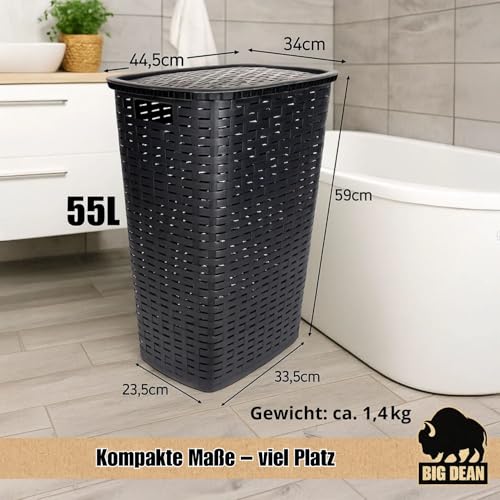 Wäschekorb mit Deckel anthrazit/bräunlich in Rattanoptik XL mit 2 Griffen Wäschetonne Plastik
