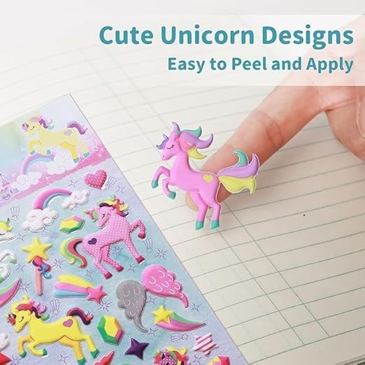 Image of Cots and Cuddles Unicorn 3D Puffy Stickers Set for Kids and Girls for Scrapbooking,Stationery and Crafting, Adorable and Reusable,Rakhi Birthday Gift, |Unicorn Stickers, 4 Strap, Plastic, Multicolor