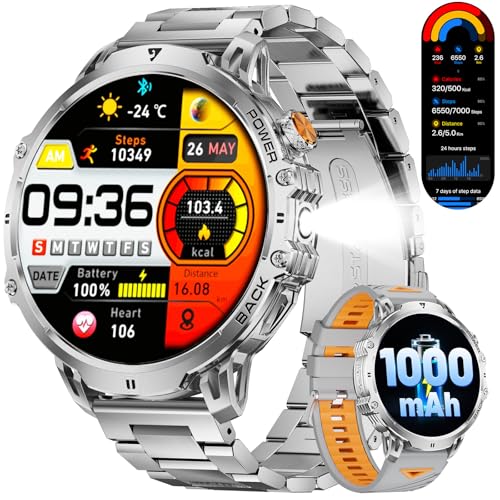 LIGE Militär Smartwatch Herren - 1000 mAh/1,85 HD Großes Touchscreen/LED-Licht, Fitnessuhr mit 110+ Sportmodi, Herz-/Schlaftracking,2 Armbändern,IP68 wasserdicht, Sportuhr für iOS/Android, Silbernes