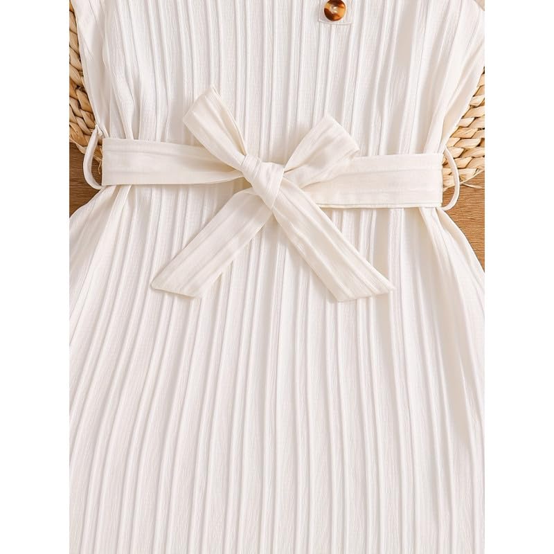 Image of Niren Enterprise Girls Fit And Flare Knee Length Striped Round Neck Sleeveless Dress with Waist Belt and String Purse