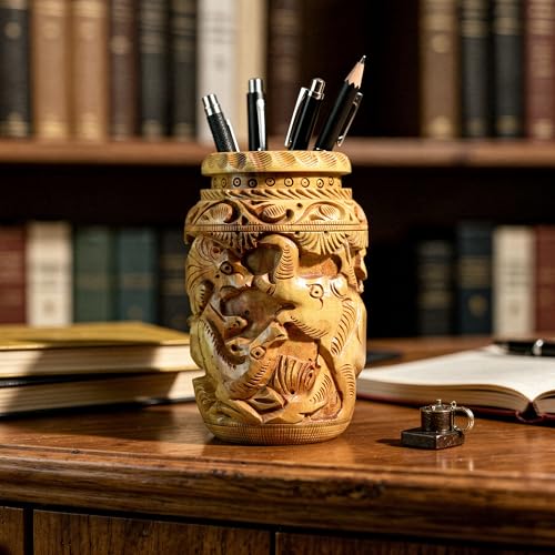 Image of Craft Trade 13x6 Cm Wooden Pencil holder Hand Carved Elephant Pattern - Elephant Brown