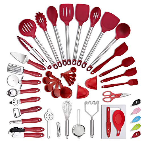 VEICA Kitchen Utensils Set 42Pcs Nylon Cooking Utensils Set Heat Resistant Kitchen Non-Stick Cooking Utensils Baking Tools，Spatula Ladle Whisk Shovel Spoon Soup Rednew