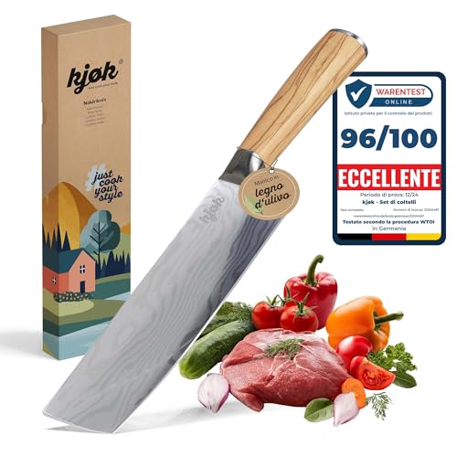 kjøk Premium Coltello da cuoco trinciante professionale nakiri durezza 58±2 HRC con custodia e manico in legno d’olivo, lama da 17cm stile coltello Damasco giapponese coltello da cucina asiatico
