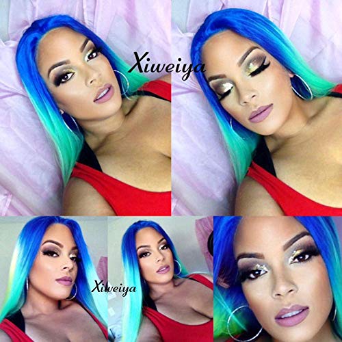 Xiwieya Perücke, Blau/Grün/Gelb, bunt, Kunsthaar, Lace-Front, Ombré-Perücke, lang, natürliches glattes Haar, hitzebeständige Faser, langes Haar, Perücken Colplay Cover